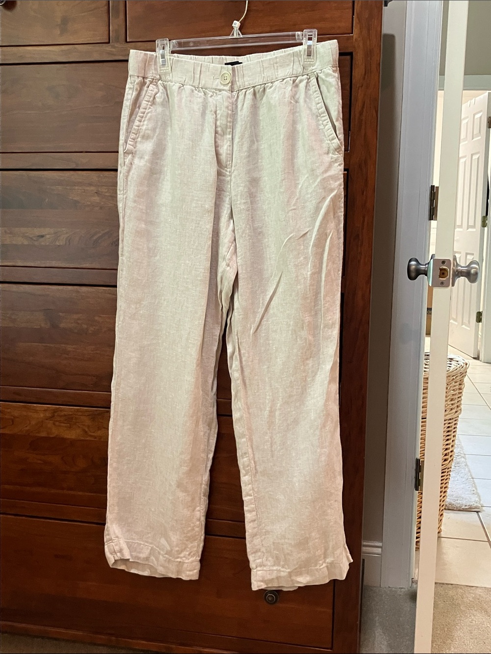 Talbots Flax Tan 100% Linen Pants Button-Front Patch-Pocket Back. Size M